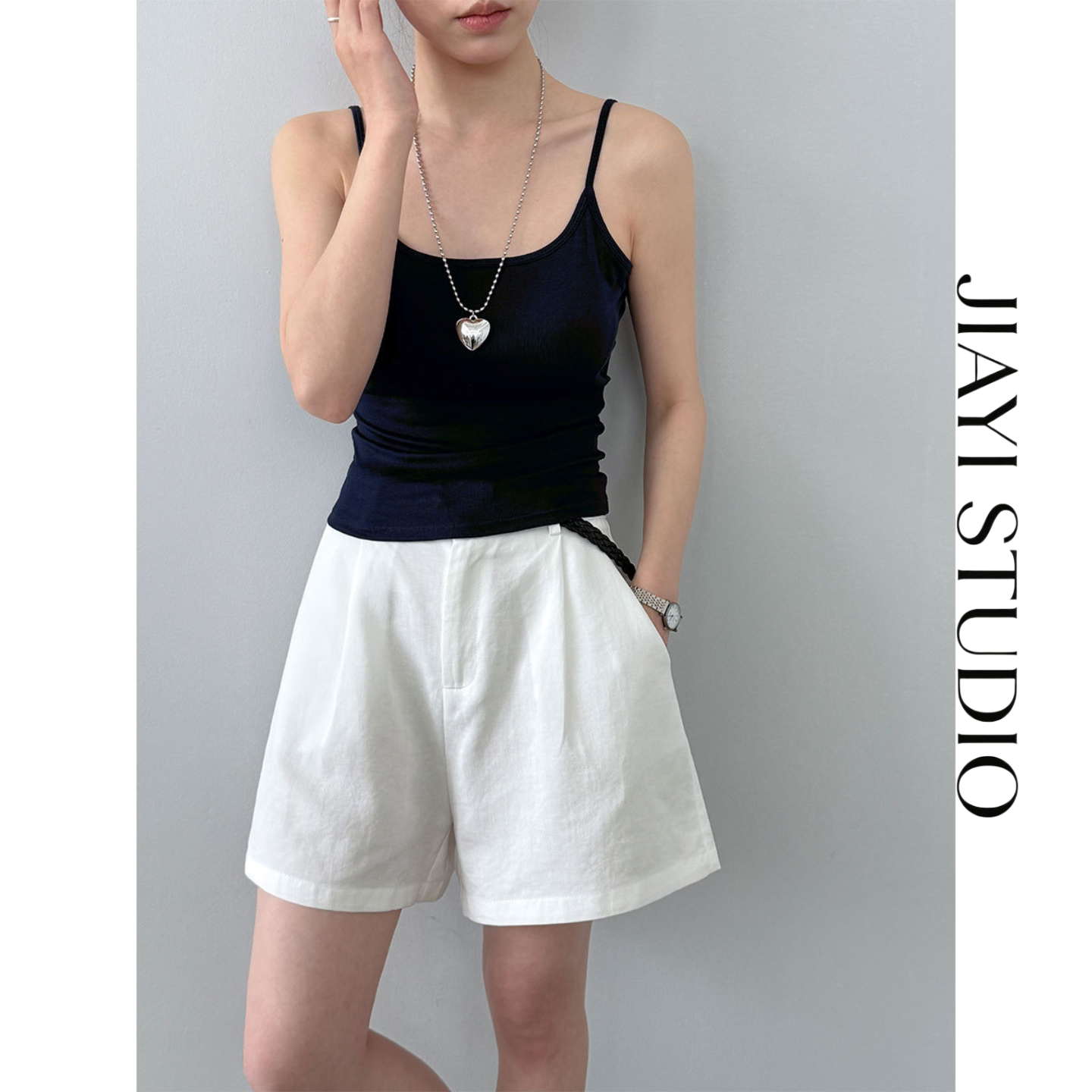 JIAYI STUDIO夏季女短裤高腰显瘦阔腿裤配腰带A字休闲五分裤子