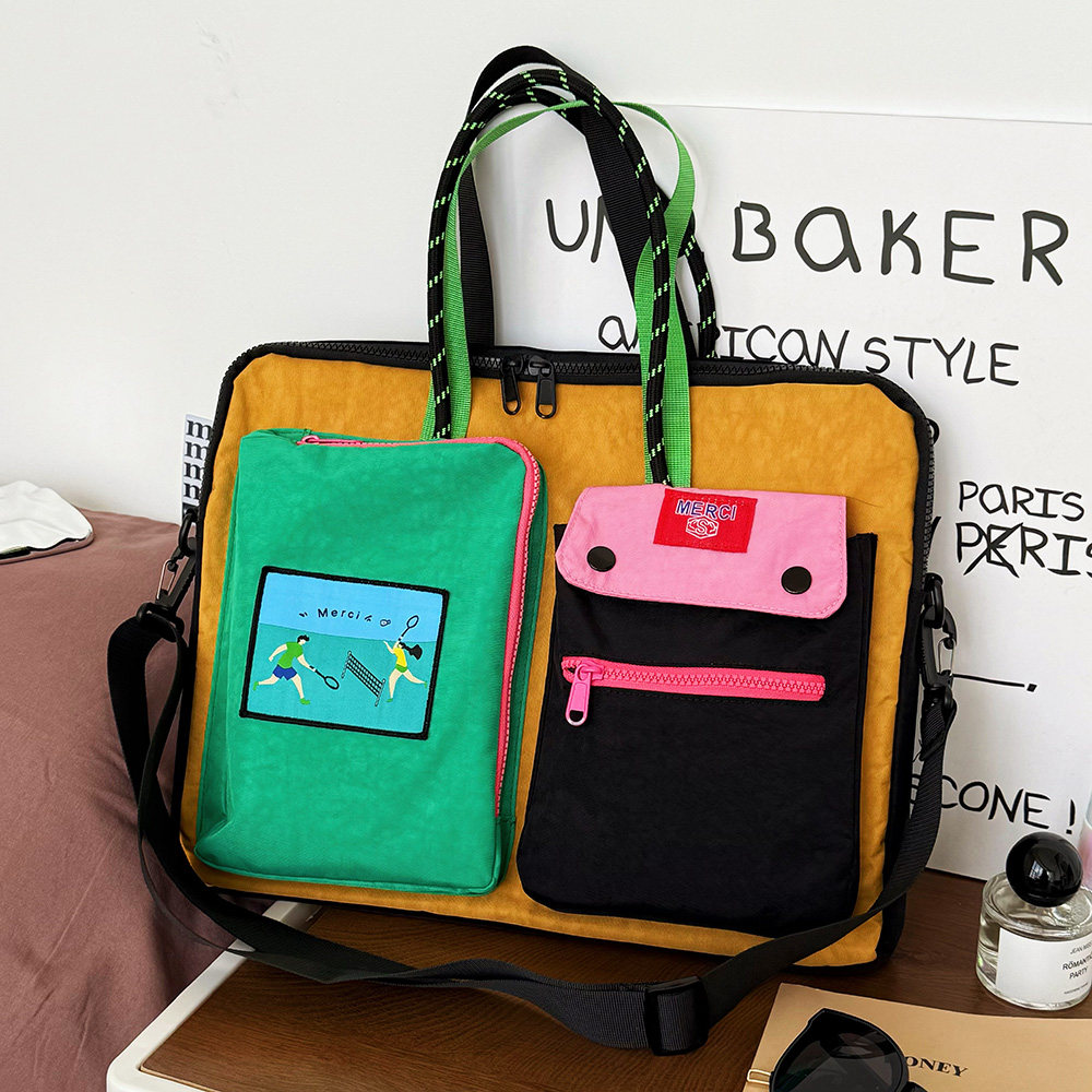 日系多巴胺拼色斜挎包大容量16寸两用电脑包通勤便携单肩平板包女