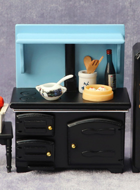 1:12娃娃屋dollhouse迷你家具厨房微场景模型老式复古黑色灶台