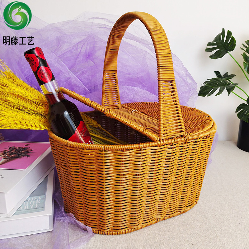 源头厂家椭圆形带盖手提篮仿藤编户外野餐篮家用买菜购物篮水果篮