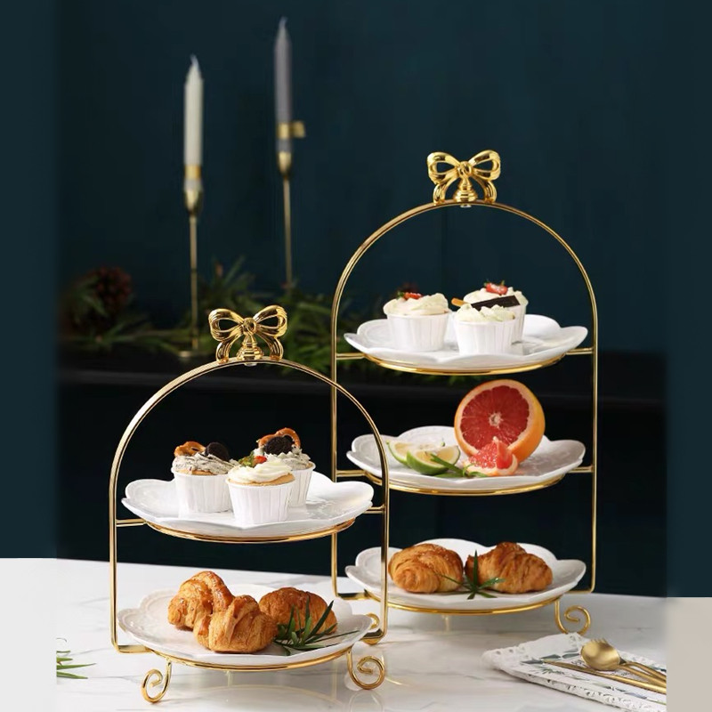 欧式多层甜品台蛋糕架下午茶x点心盘金色三层展示架冷餐茶歇水果