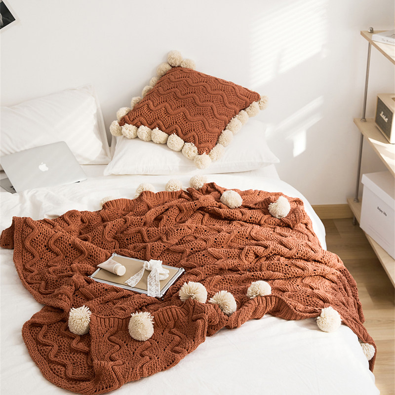 针织盖毯 毛球床尾巾针织镂空空调C毯 民宿沙发毯 休闲办公室毯子