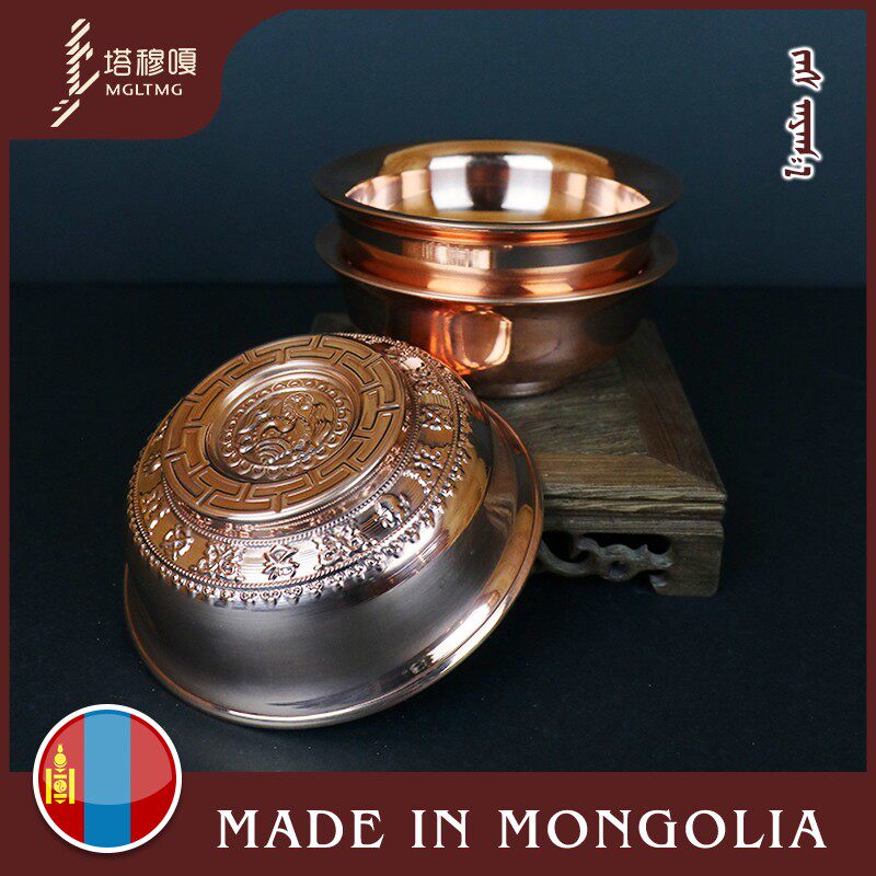 蒙古纯铜碗红铜勺子双层奶茶碗蒙B餐餐具防烫手炒米碗酒碗塔穆嘎