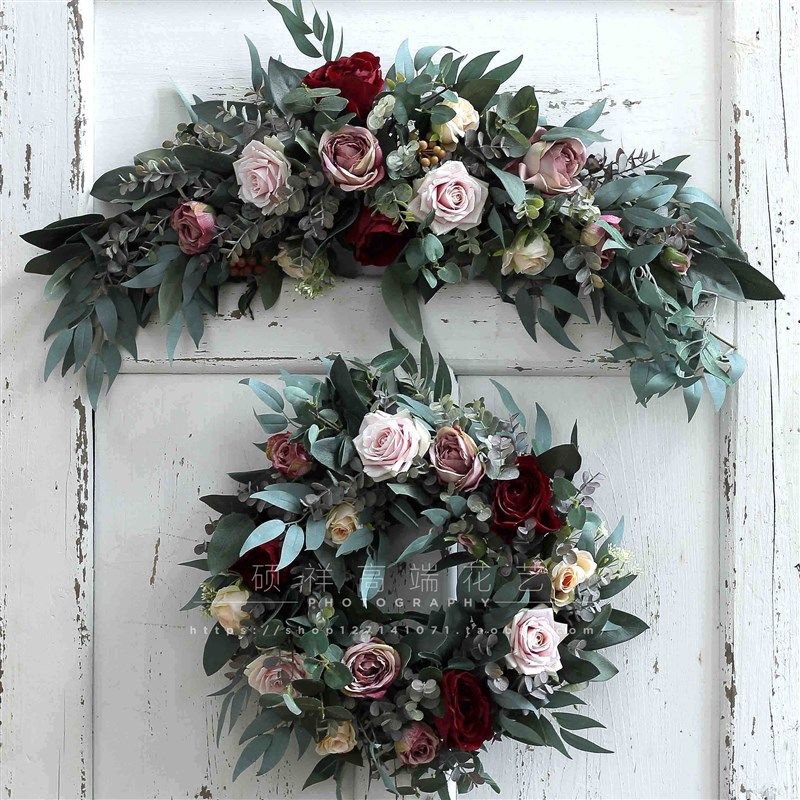 仿真玫瑰森系花环烛台美r式复古背景墙装饰 ins风墙饰壁挂橱窗摆,家居饰品,仿真花/假花,淘宝优惠券,粉丝福利购,淘宝优惠卷