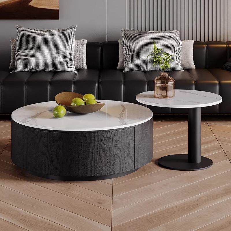 意式轻奢圆形岩板茶几小户型极简客厅小茶几现代简约钢化玻璃边几