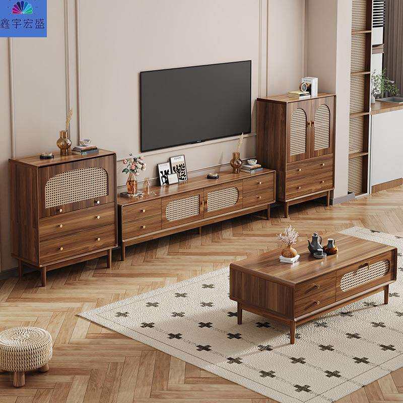 实木框复古简约藤编电视柜中式北欧小户型客厅家用茶几电视柜组合