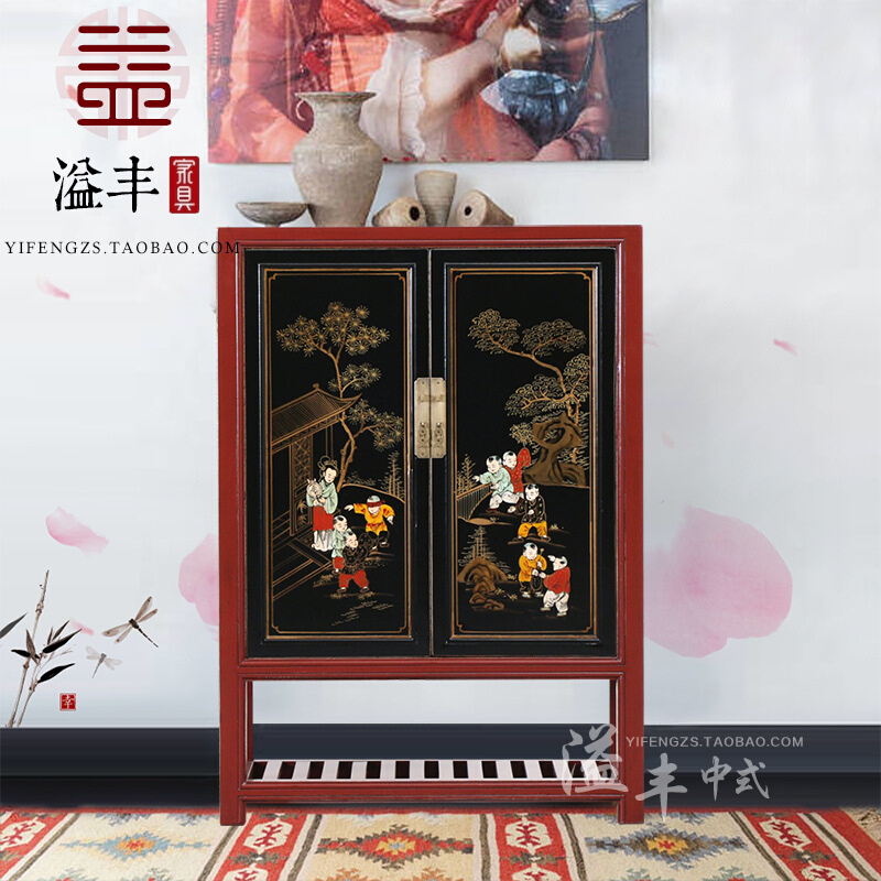 现代新中式仿古实木彩绘入门鞋柜鞋架简约手绘门厅酒柜隔断玄关柜