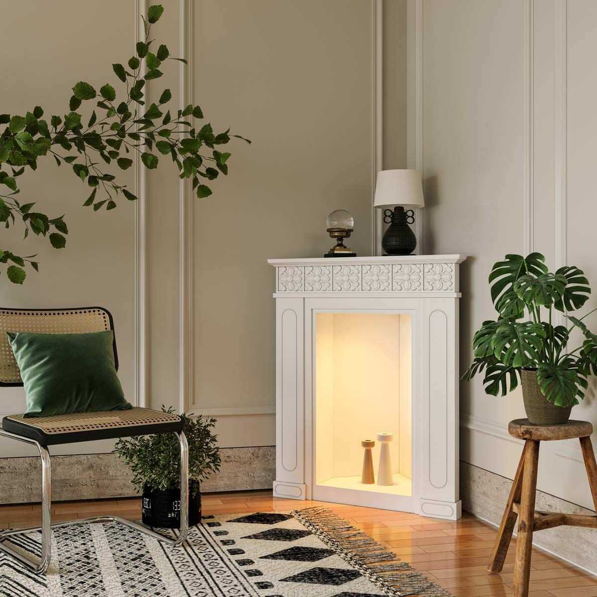 法式奶油风三角带灯光雕花壁炉柜客厅玄关角落边柜装饰靠墙转角柜