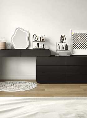 Tal奶油风梳妆台黑色化妆台斗柜一体梳妆台化妆镜卧室梳妆台梳妆