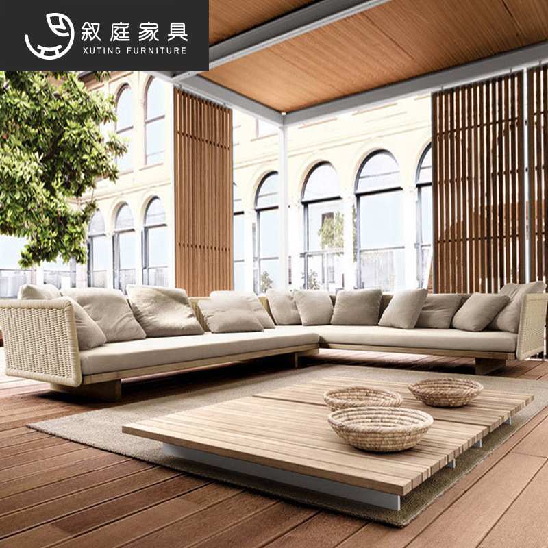 北欧户外实木沙发组合休闲椅室内外庭院花园露天藤编防水防晒家具