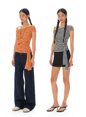 call it a day 黑白条纹/橘色条纹天丝斜肩修身系带小众T恤上衣女