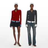 花灰色V领假两件撞色羊毛上衣女长袖 call day 红色 针织衫 秋