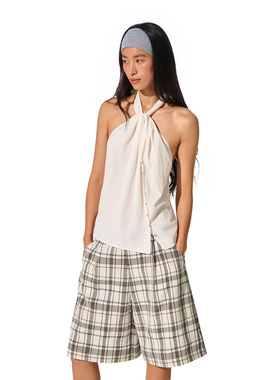 call it a day  米色格纹复古低腰休闲短裤女宽松百搭五分裤夏