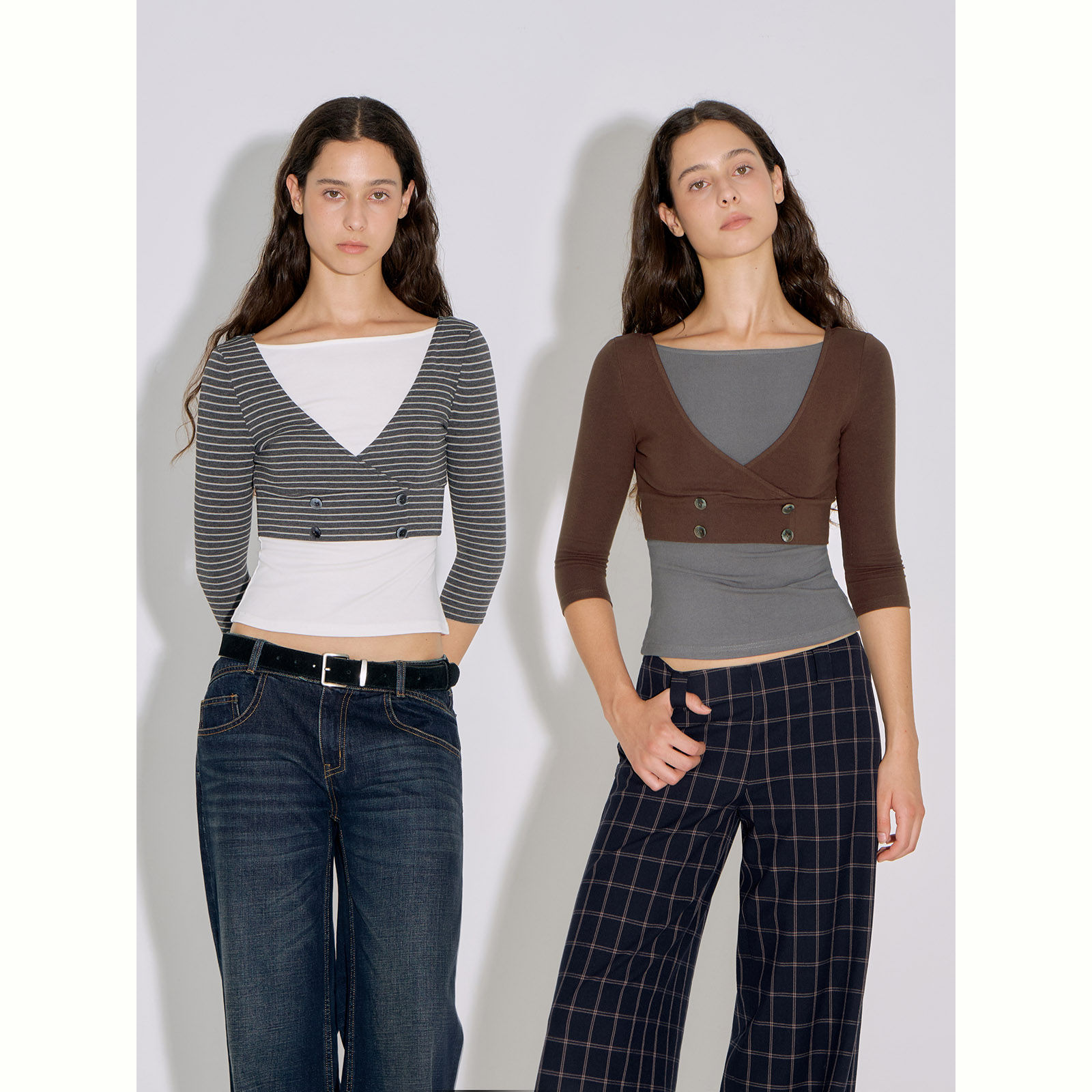 call it a day 灰色条纹/咖色假两件修身七分袖T恤收腰正肩上衣女