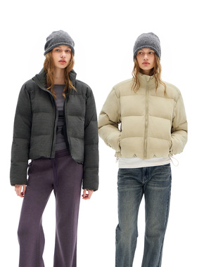 call it a day铁灰色/浅黄绿立领短款羽绒服女90白鸭绒保暖外套冬