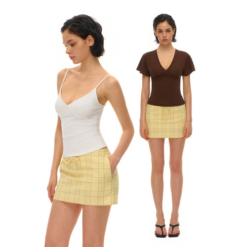 call it a day黄色格纹肌理感低腰A字半身裙系带包臀裙防走光裙裤