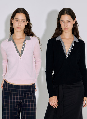 call it a day 黑色/粉色V领假两件Polo领针织衫女撞色软糯上衣秋