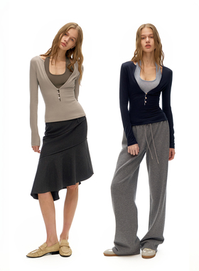 call it a day 藏青色/青城灰假两件挂脖修身针织T恤撞色打底衫女