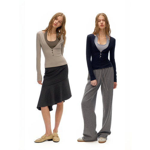 call it a day 藏青色/青城灰假两件挂脖修身针织T恤撞色打底衫女