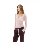 day call 粉色马海毛V领绞花针织衫 毛衣微透收腰上衣含羊毛