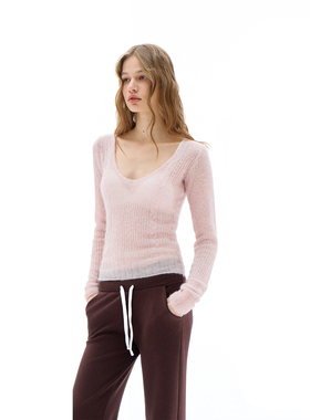 call it a day 粉色马海毛V领绞花针织衫毛衣微透收腰上衣含羊毛