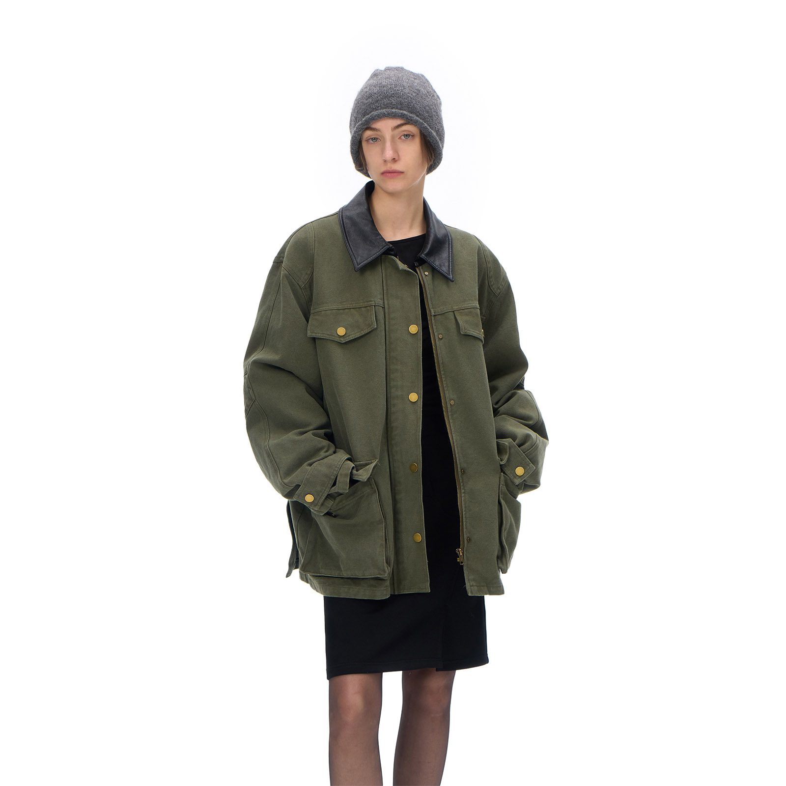 call it a day 军绿色白鸭绒翻领拼接外套女工装风保暖羽绒上衣冬