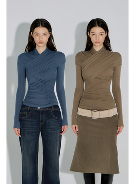 call it a day 牛仔蓝/摩卡色天丝围裹中领修身T恤褶皱镂空上衣秋