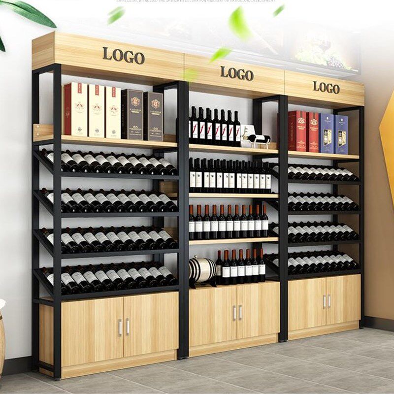 红酒架展示架超市酒行酒庄商用落地酒架置物架钢木货架展示柜定制图片
