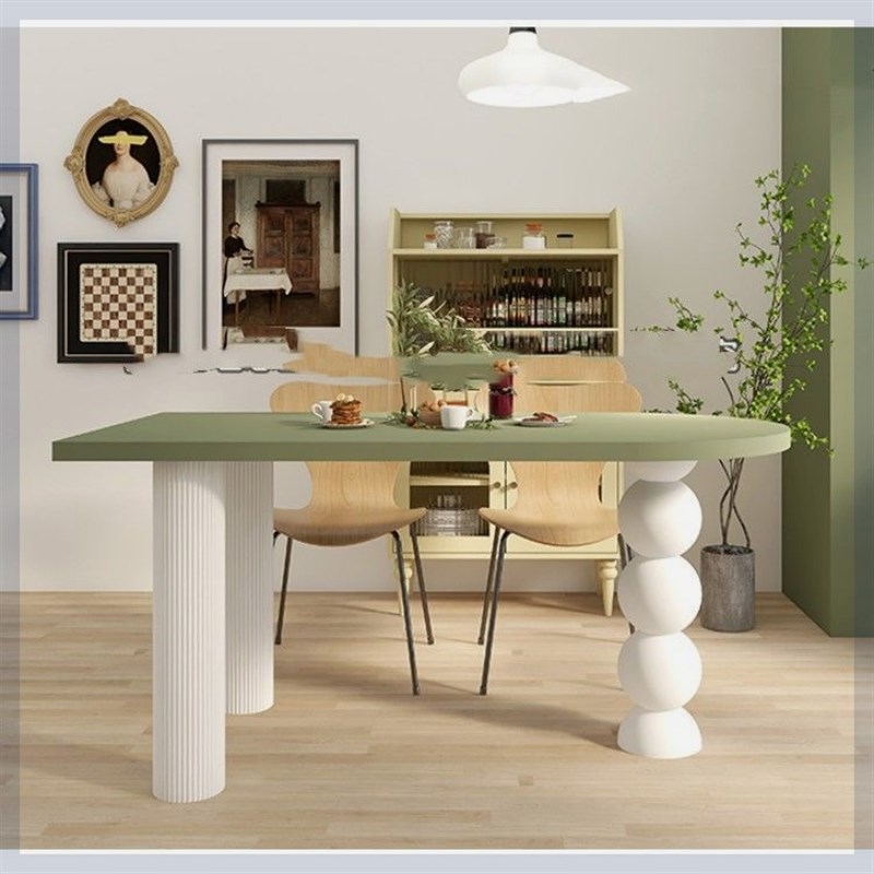 奶油风半圆岛台餐桌法式客厅实木家用小户型饭桌简易岩板餐桌