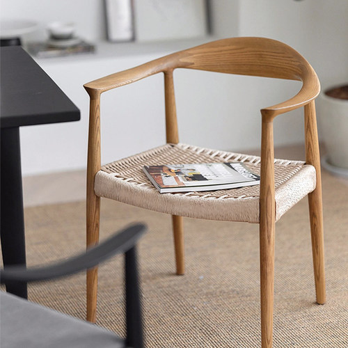 复古实木肯尼迪总统椅家用餐椅绳编椅北欧牛角椅子靠背扶手书桌椅