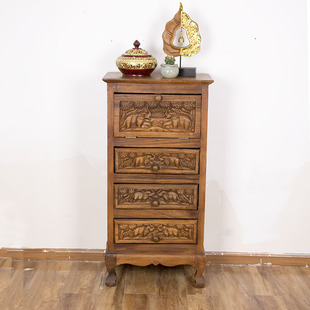 东南亚复古实木四斗收纳柜客厅家用柚木大象雕花储物柜装 饰玄关柜