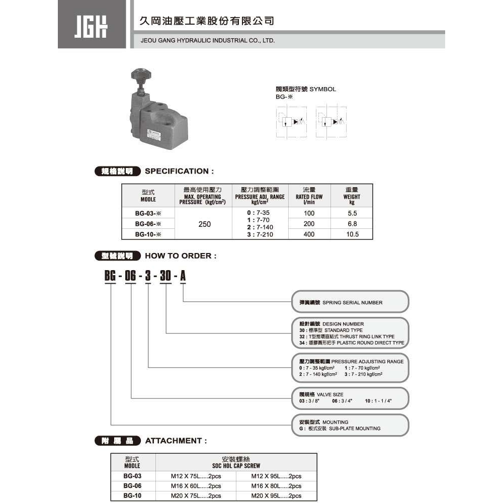 JGH台湾久冈溢流阀BG-03-3-32 BG-03-2-30 BG-03-1-30 BG-03-0-30