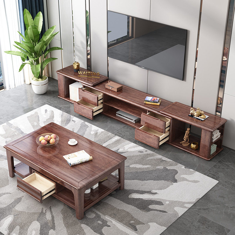 中式胡桃木实木电视柜茶几组合简约现代客厅家用可伸缩矮柜子