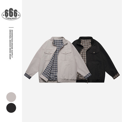 Neverules潮牌复古老钱风拼接格纹防风防水立领夹克衫男士外套