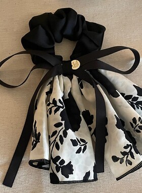 复古黑色碎花蝴蝶结大肠发圈女新款扎头发绳马尾头绳皮筋飘带发饰