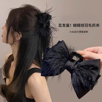 黑色羽毛抓夹蝴蝶结发夹鲨鱼夹子