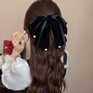 秋冬复古丝绒蝴蝶结抓夹女新款高级感后脑勺盘发夹飘带鲨鱼夹头饰