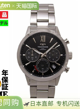 日本直邮TECHNOS 手表男士太阳能计时码表黑色/银色 Time Time 限