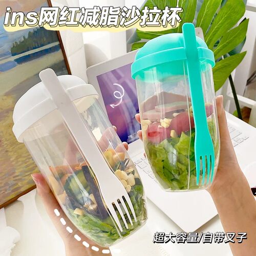 ins风便携带盖带叉沙拉杯