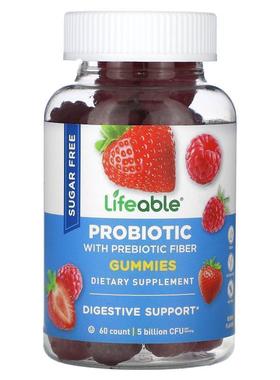 Lifeable,益生菌与益生元纤维软糖，浆果味，无糖，25 亿 CFU，60