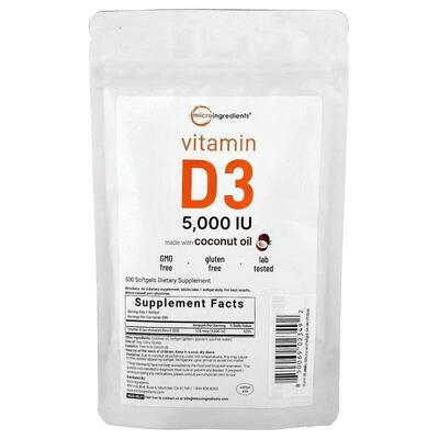 Micro Ingredients,维生素 D3 软胶囊，5000 国际单位，500 粒