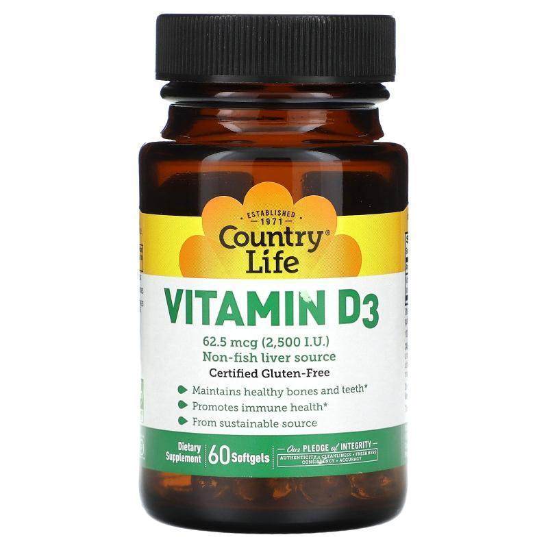 乡村生活,Vitamin D3, 62.5 mcg (2,500 IU), 60 Softgels