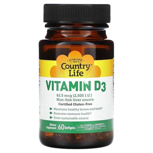 乡村生活,Vitamin D3, 62.5 mcg (2,500 IU), 60 Softgels