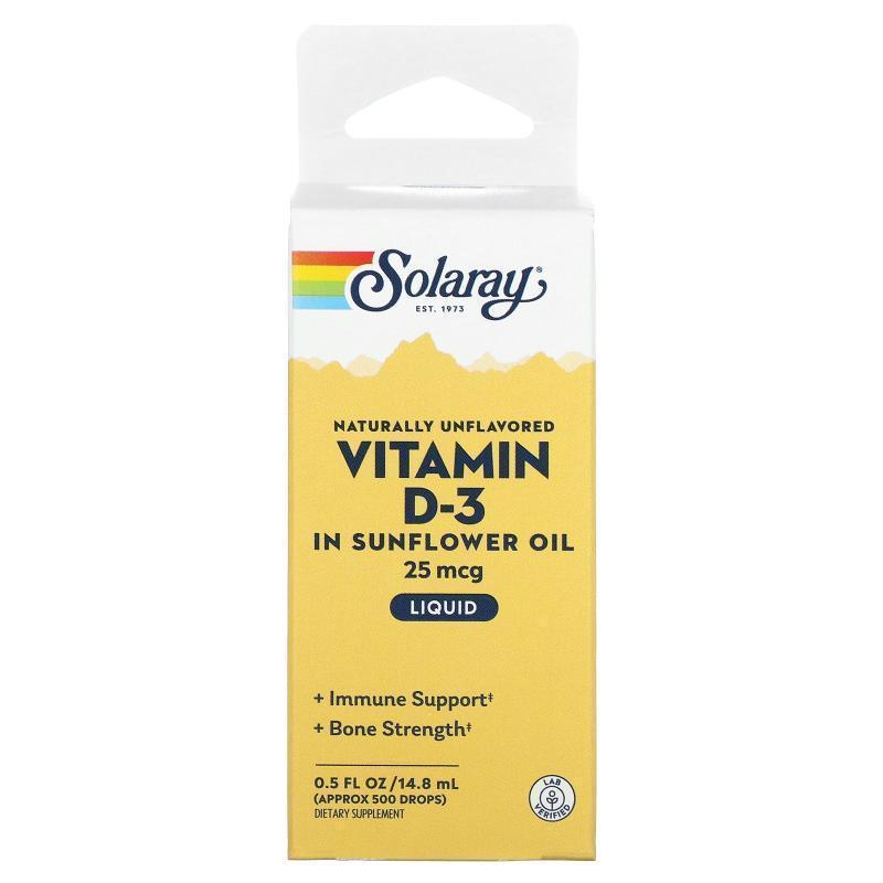 Solaray,Vitamin D-3 In Sunflower Oil, Naturally Unflavored