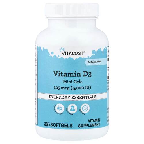 Vitacost,Vitamin D3, Mini Gels, 125 mcg (5,000 IU), 365 Soft
