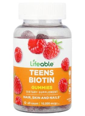Lifeable,Teen Biotin Gummies, Raspberry, 60 Gummies (5,000 m