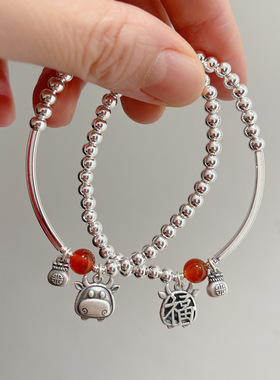 925纯银手镯女银珠福字本命年手链ins小众设计轻奢复古精致手饰