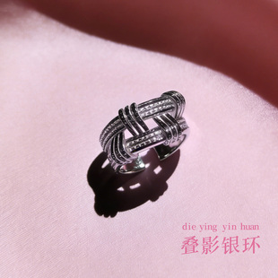 百搭指环 潮流个性 条纹编织叠影复古戒指女S925银新款 小众设计时尚