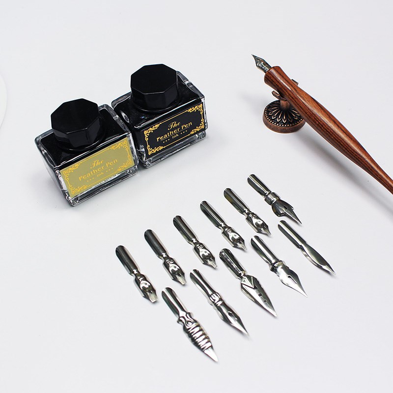木质蘸水笔火漆礼盒复古欧式英文A书法笔墨水套装含11个可替换笔