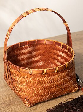 覆古竹编手提篮子手工茶具收纳篮编织家用水果面V包筐菜篮子咖色